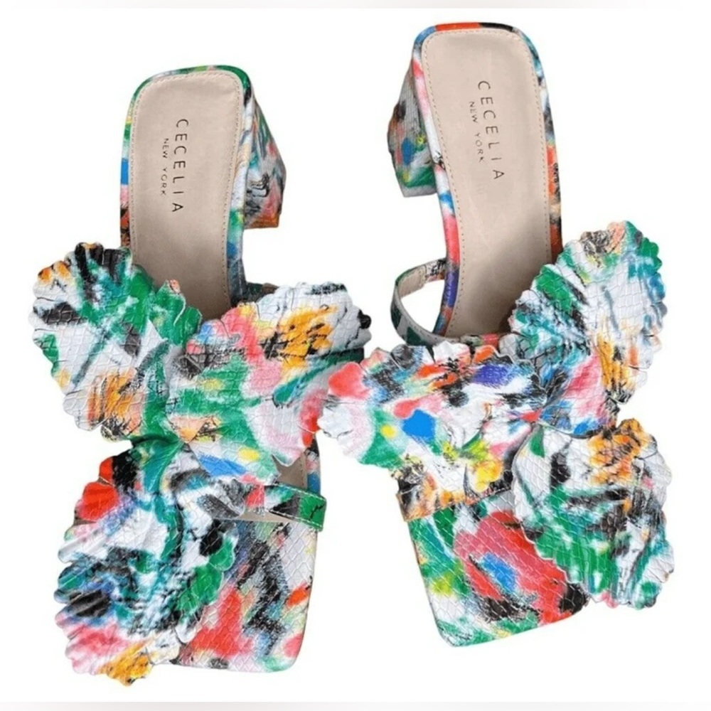 Cecelia New York Leather Hibiscus Heeled Sandals Hazel Multi Floral